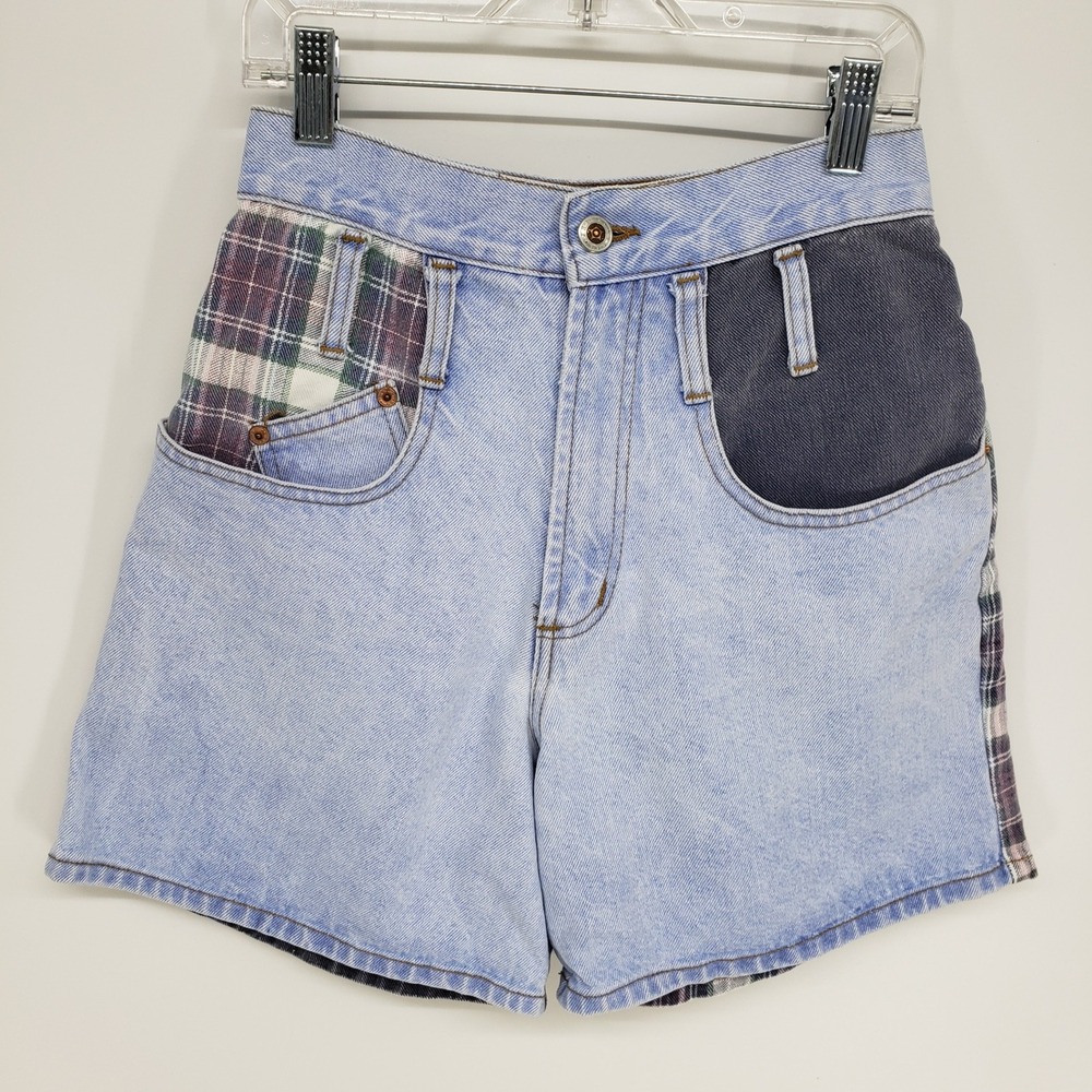Vintage 90s Patchwork Denim Jean Shorts Womens 3 24 Blue Plaid High Waist Grunge